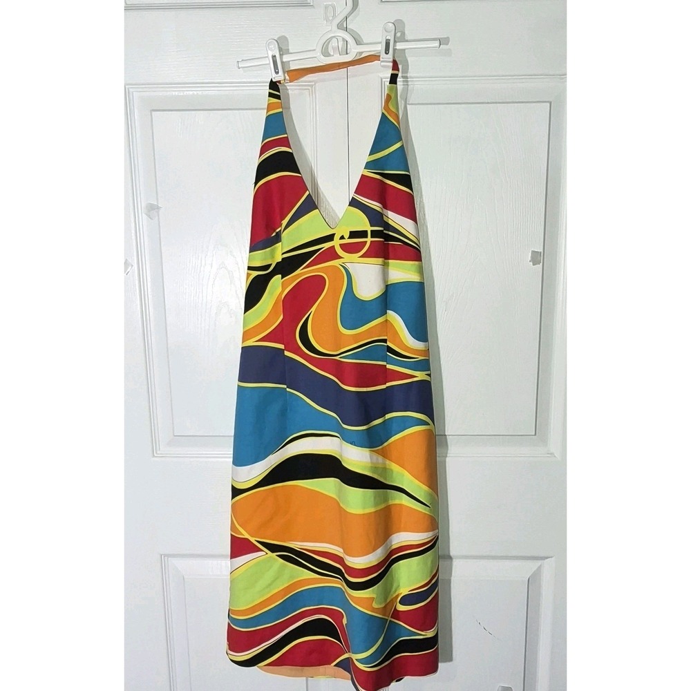 David Meister Y2K Vintage Halter Dress Psychedelic Swirl Cotton Mod Size 6 - Picture 1 of 8